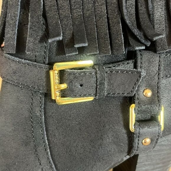 Lauren Ralph Lauren Boots Womens 7.5B Black Suede Fringe & Buckle Zip Western - Picture 8 of 11